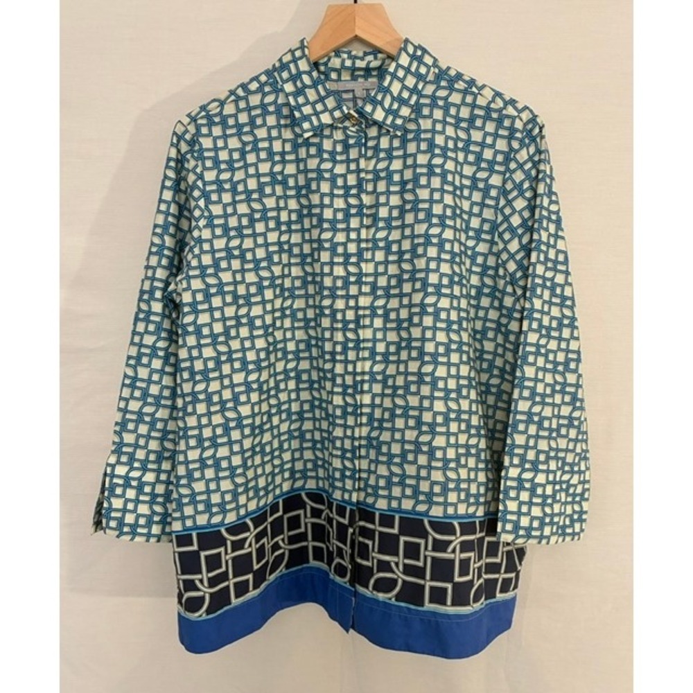 Hinson Wu Geometric Print 3/4 Sleeve Collared Button Down Tunic size XL